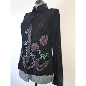 Elisa Landri Y2K Micro Mesh Stretch Knit Beaded Sequin Sheer Button Blouse L